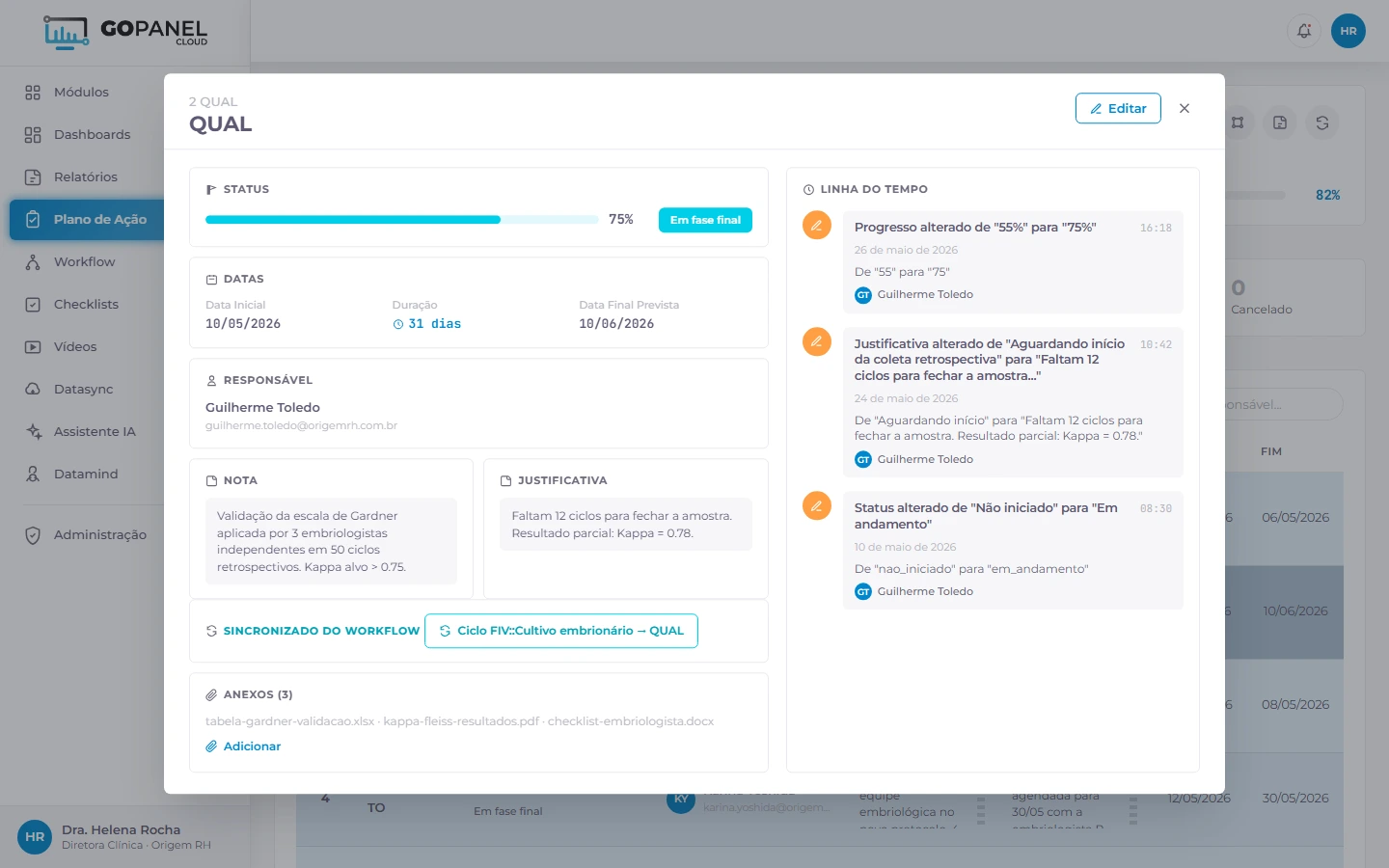 Detalhe de um plano de ação clínico no GoPanel, status, linha do tempo de alterações e sincronização com o workflow.
